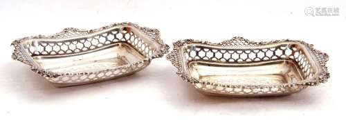 Pair of late Victorian silver bon-bon dishes of rectangular form, with pierced and embossed