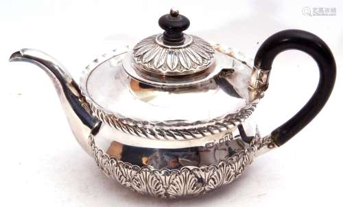 Victorian silver bachelor's style tea pot of compressed circular form with hinged lid and crimped