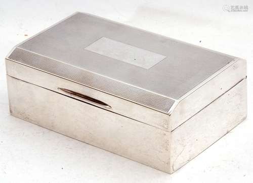 George VI silver table cigarette casket, engine turned decoration with a rectangular vacant