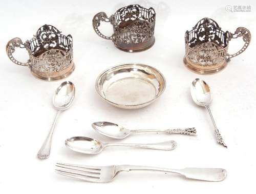 Mixed Lot: three silver coffee can holders, pierced with rails and flowers, with floral handles,