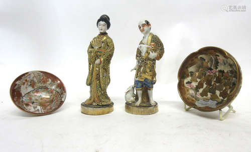 Pair of late 19th century Satsuma figures of a gentleman and a lady (a/f), together with two small