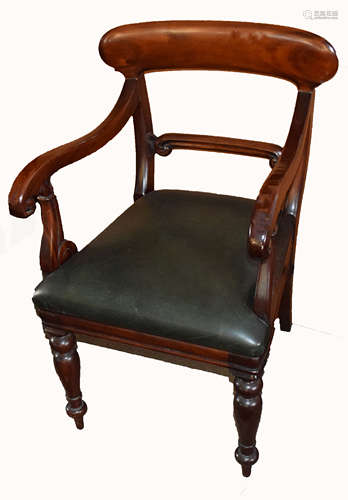 Victorian style mahogany bar back elbow chair with scrolled arms supported on front turned legs,