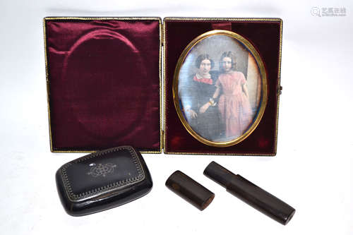 Box containing Victorian photograph in gilt frame, together with an ebonised wooden box and wooden