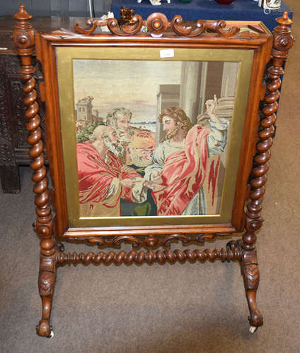 Victorian walnut large fire screen, central grospoint wool embroidered panel depicting a Biblical