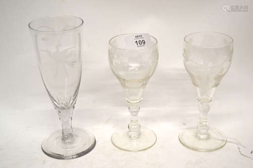 Pair of 18th century style wine glasses, finely engraved with fruiting vines above a double