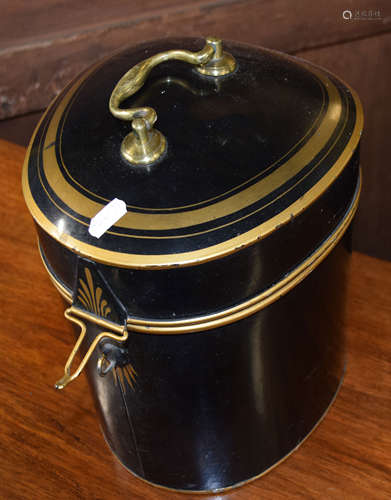 Early 20th century Tole-ware wig box of shaped triangular form, painted with gilt detail to a