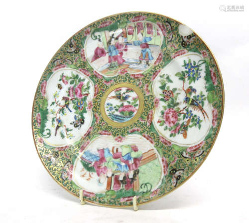 19th century Cantonese famille rose dish, 21cm diam (a/f)