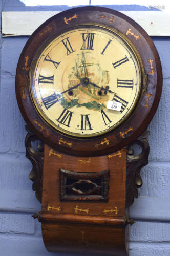 19th century inlaid mahogany cased drop dial wall clock with repainted face, dial diam 30cm, overall