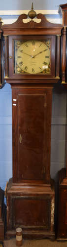 J James, Egham, late 18th/early 19th century country mahogany cased longcase clock having painted