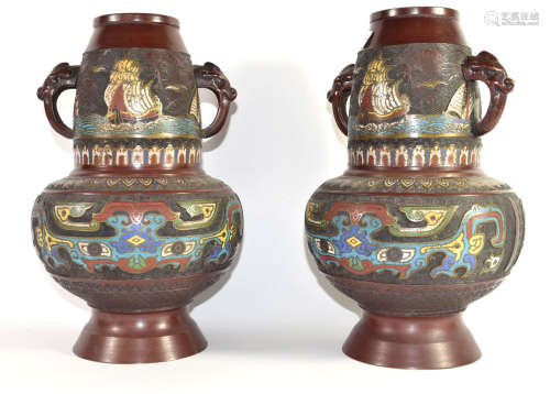 Pair of Oriental vases with cloisonne type decoration with elephant head handles, 33cm high (2)
