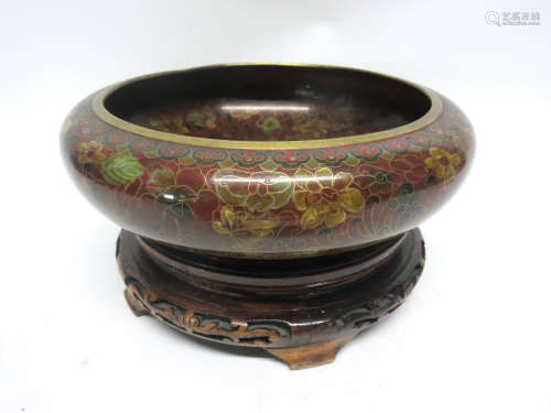 Large cloisonne bowl on wooden mount, 26cm diam