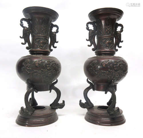 Pair of Japanese bronze vases, 33cm high (2)