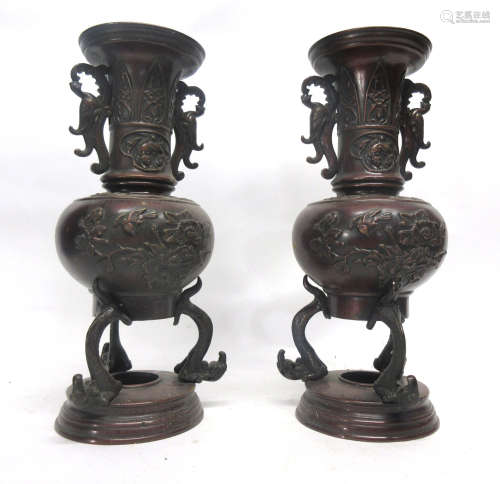Pair of Japanese bronze vases, 33cm high (2)