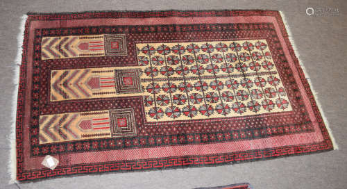 Caucasian rug with central panels of geometric foliage, mainly red field, 154 x 92cm