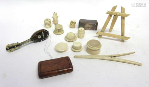Box containing quantity of small ivory items including bookmark, small model of a tambour with ivory