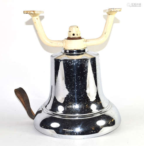 20th century large chromium fire bell with white painted cast metal bracket, 32cm high