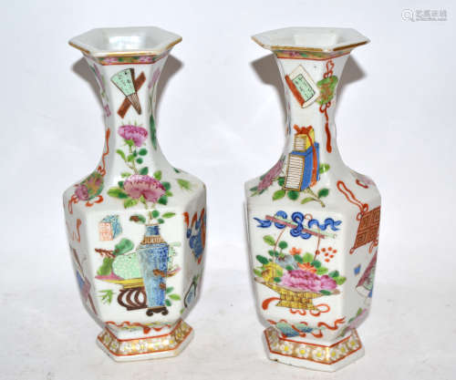 Pair of Cantonese vases, 19th century, decorated in typical fashion with auspicious objects, 18cm