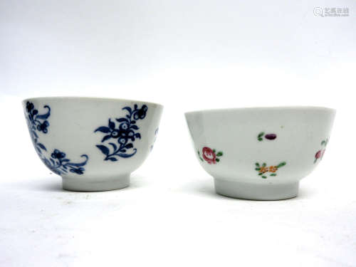 Pair of 18th century Chinese tea bowls, one blue and white, one with a polychrome design of flowers