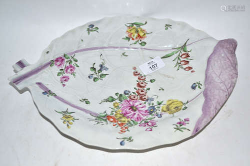 18th century Worcester cabbage leaf moulded dish decorated in Chelsea style with floral sprays, 33cm