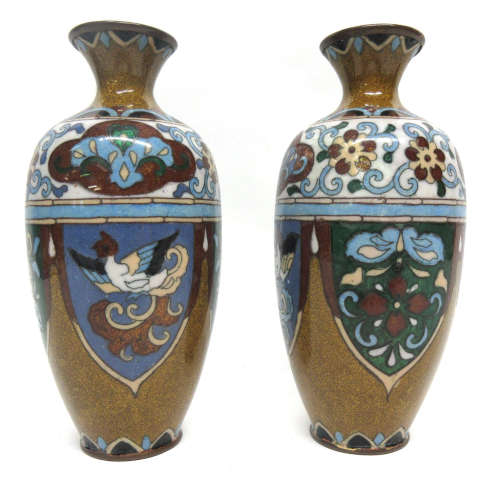 Pair of cloisonne vases with typical decoration of birds and geometric devices, 20cm high (2)