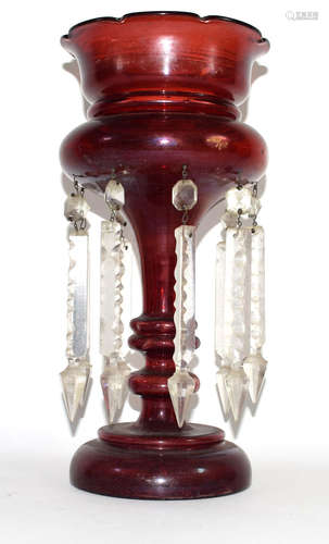 Ruby coloured glass table lustre, 33cm high