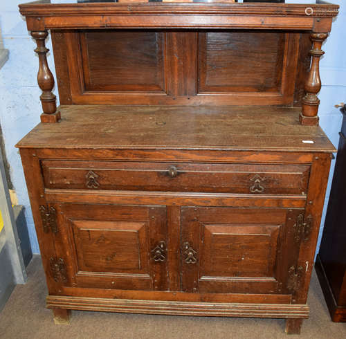 18th century and later small oak side cabinet, (constructed from period timbers), plain pediment