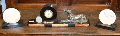 Art Deco period spelter and marble clock garniture, the central clock with metal dog motif, 46cm