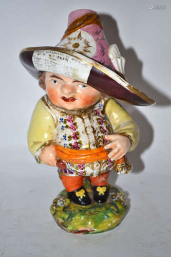 Late 18th century Derby Mansion House dwarf, the base incised No 227, the figure with large hat with