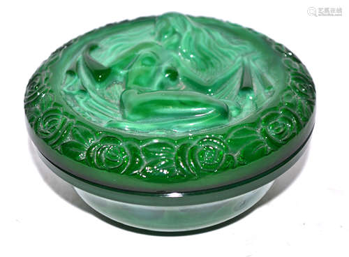 Small Art Deco malachite box and cover, the cover modelled with a classical maiden, 10cm diam