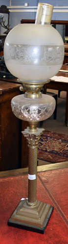 Late 19th/early 20th century brass Corinthian column oil lamp with cut glass font, replacement