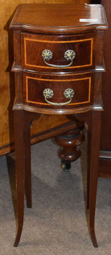 Miniature mahogany bow fronted chest of two drawers raised on four paw curved square legs, width