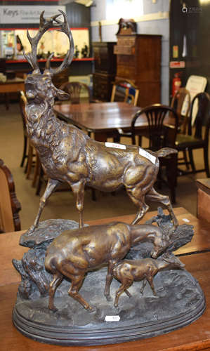 Late 19th/early 20th century bronzed spelter stag and deer group, impressed 