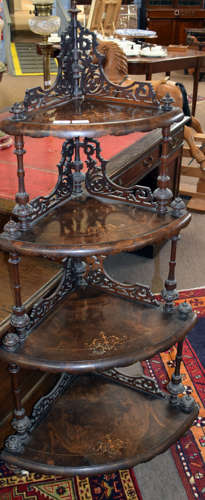 Mid/late Victorian burr walnut and marquetry inlaid corner whatnot of four graduated tiers, each