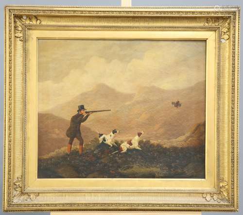 ENGLISH SCHOOL (18TH CENTURY), A SPORTSMAN AND HIS DOGS IN A LAKELAND LANDSCAPE, A PAIR, oil on