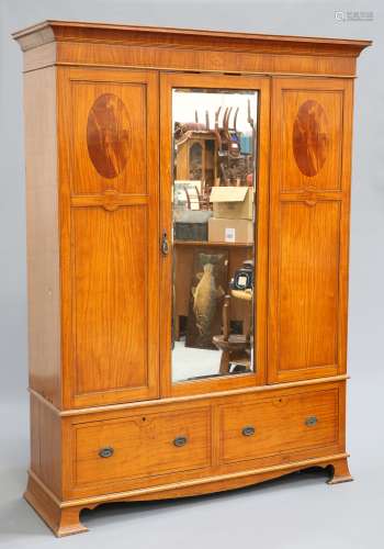 A SATINWOOD WARDROBE AND MARBLE TOPPED WASHSTAND