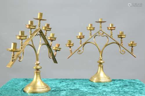 A PAIR OF 19TH CENTURY BRASS SEVEN-LIGHT ECCLESIAS