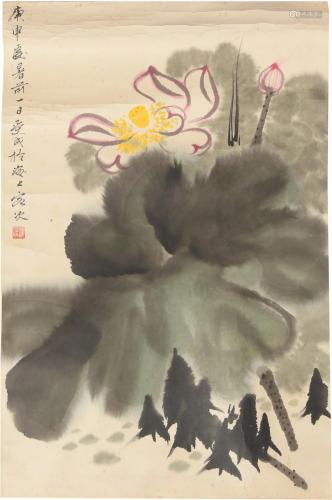 Chinese Painting of Lotus by Qiu Shoucheng