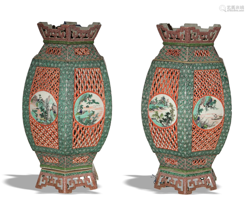 Pair of Chinese Famille Rose Lamps, Republic