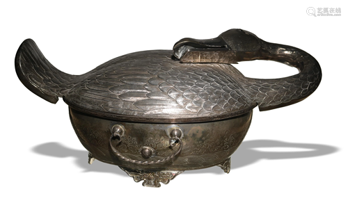 Chinese Silver Swan 3-Part Warmer, 19th Century