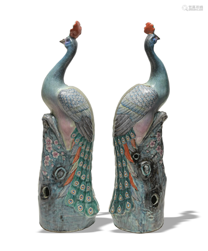 Pair of Chinese Famille Rose Peacocks, 19th Century