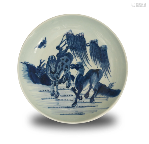 Chinese Blue and White Plate with 2 Horses, Yongzheng