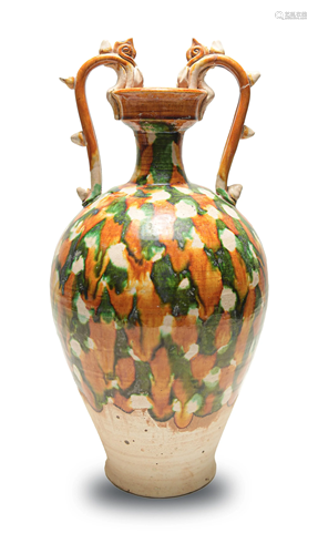 Chinese Sancai Vase with Dragon Handles, Tang