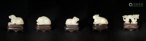 Group of 5 Chinese White Jade Zodiac, 19th Century