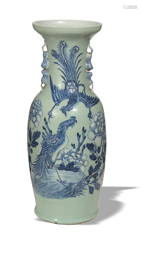 Chinese Celadon Ground Blue and White Vase, 19th