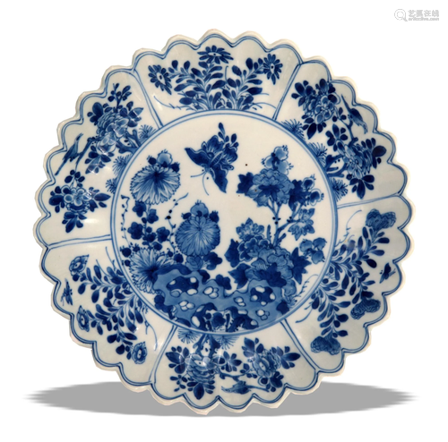 Chinese Blue and White Lobed Floral Plate, Kangxi