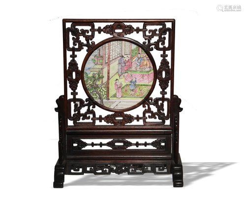 Chinese Hardwood and Enamel Table Screen, 19th Century