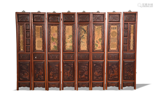 Chinese Huangyang Screen with Paintings, 19th Century