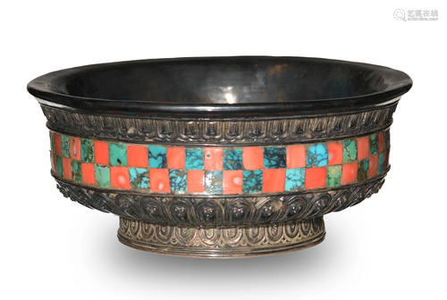 Tibetan Inlaid Silver Tsaku-tsaya Bowl, 19th Century