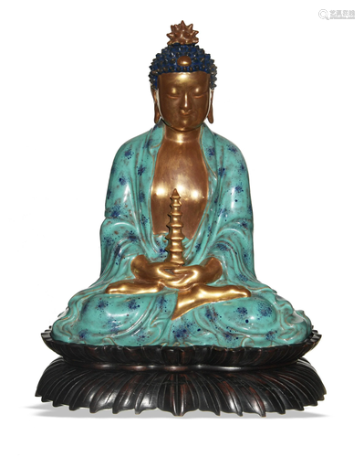 Chinese Gilt Porcelain Seated Buddha, Zeng Longsheng