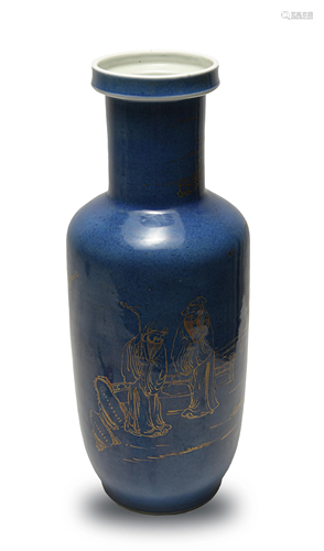 Chinese Blue and Gold Rouleau Vase, Late 19th Century